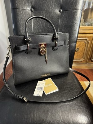 MICHAEL KORS HAMILTON MEDIUM SATCHEL SHOULDER PEBBLED LEATHER BAG - BLACK