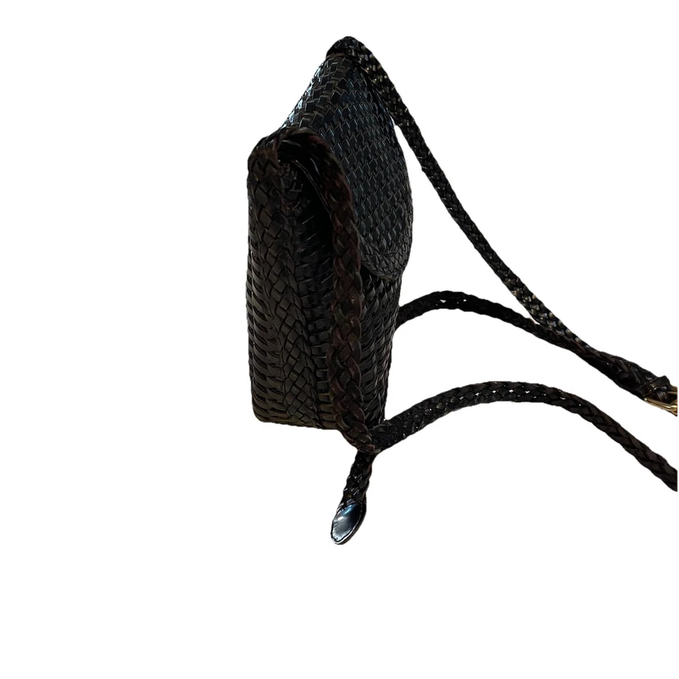 Vintage CEM Tecido Preto Couro Genuíno Cesta Bolsa de Ombro Tecer Corpo Cruzado - Imagem 3 de 4