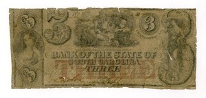 1850's $3 The Bank of the State of SOUTH CAROLINA Note