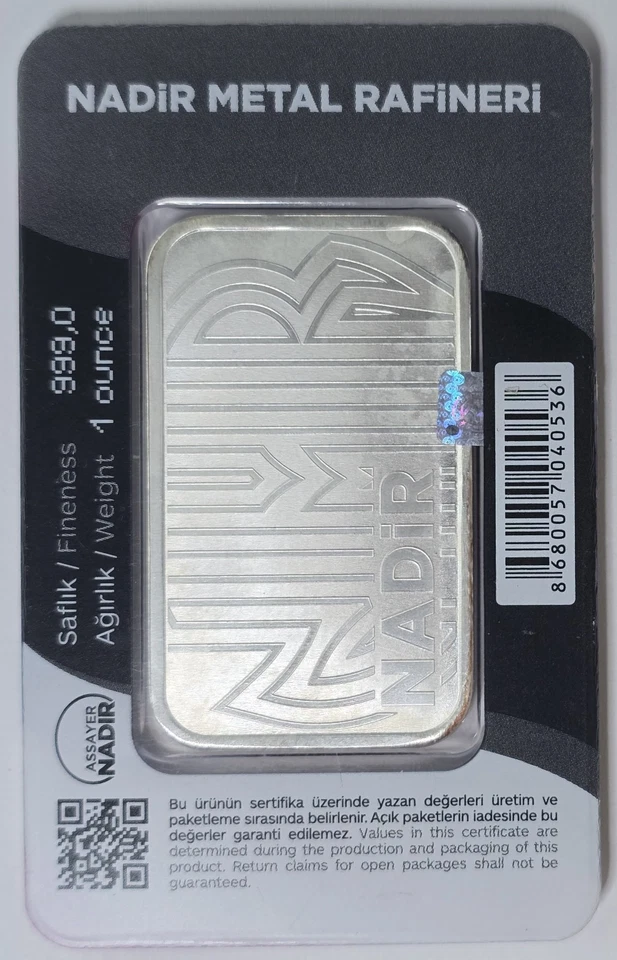 Barra Rafineri de metal Nadir de plata de 1 oz .999 en tarjeta de ensayo **ENVÍO GRATUITO** Foto 2 de 2