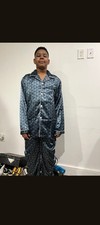 Men's 2-Piece Satin Pajama Set Geometric Button Collared Blue/Gray SET 2 4PCS
