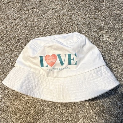 White Bucket Hat Size 58 100% Cotton Canvas ''LOVE The Palm Beaches'' Print