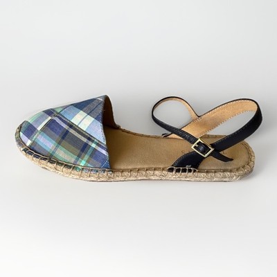 Talbots Size 7.5 Izzy  Espadrilles Raffia Blue Madras Plaid Shoes Sandals Exce