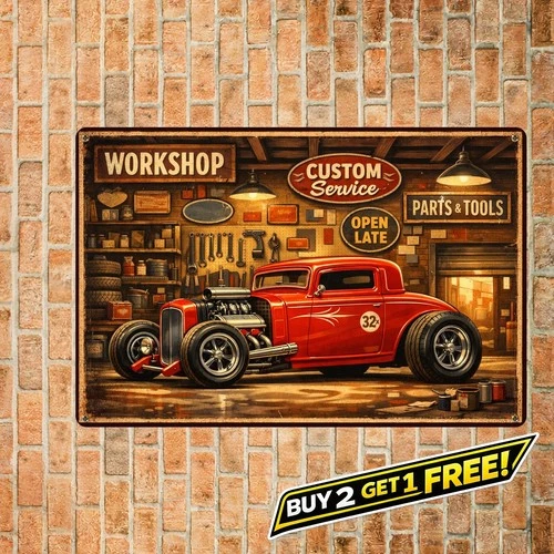 Hot Rod Car Vintage Garage Tin Sign Automotive Aesthetic Metal Wall Art 8x12