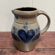 Rowe Pottery Works Pitcher 6" 1990  Salt Glazed Stoneware Winged Heart