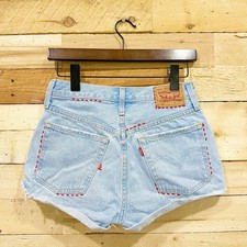 Levi s 501 Shorts Size 25 Blue Denim High Rise Distressed Red Stitch Button Fly
