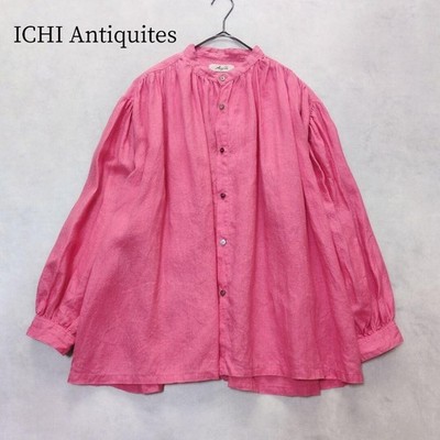ICHI Antiquites Pink Linen Gathered Blouse Puff Sleeve Band Collar Auth