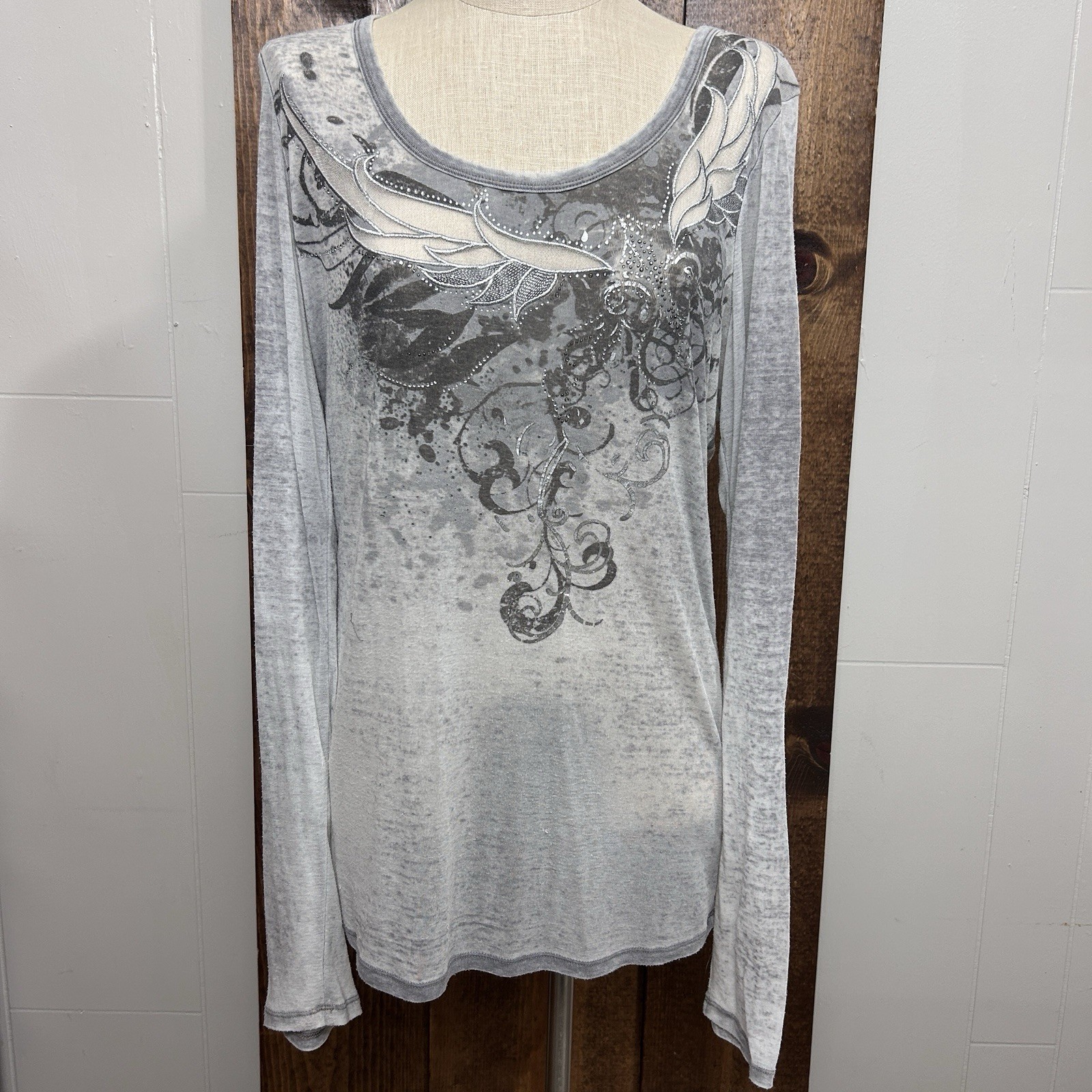 VTG Maurices Womens XL Grunge Y2K Long Sleeve Shirt Sheer Burnout Bling Punk Emo