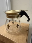 Vintage Pyrex Glass Mini 1 Cup Teapot /Carafe Gold Fleur De Lis Pattern