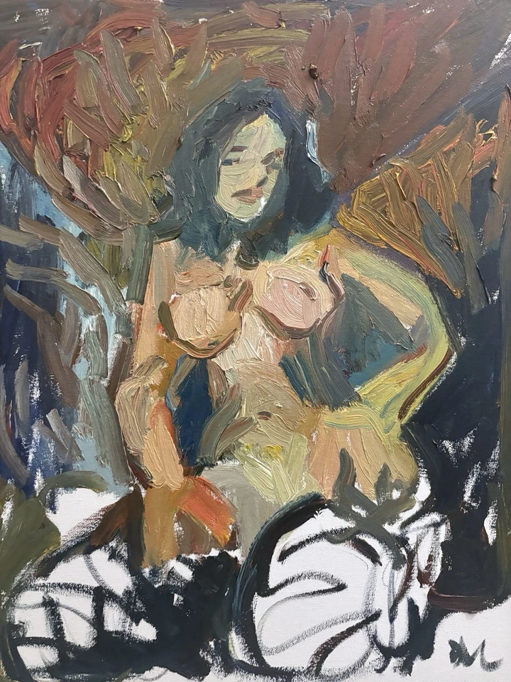 Pintura al óleo retrato niña tocador interior 16"x20" lienzo original firmado BVC Foto 3 de 3