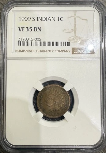 1909-S Indian Head Cent 1c - NGC VF 35 - Key Date