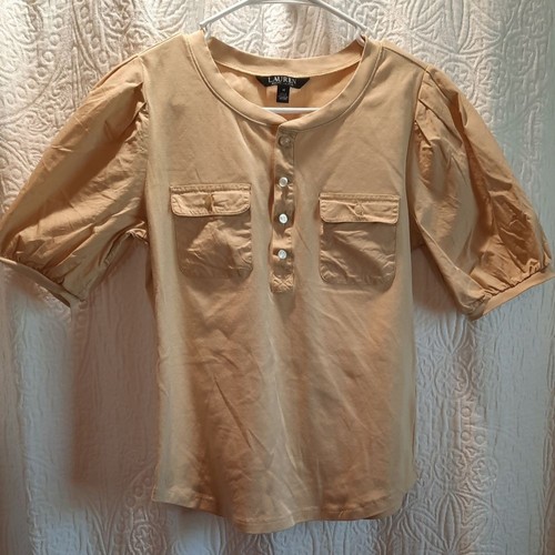 Lauren Ralph Lauren Blouse Womans Medium Tan Preppy Classic Casual - Picture 2 of 14