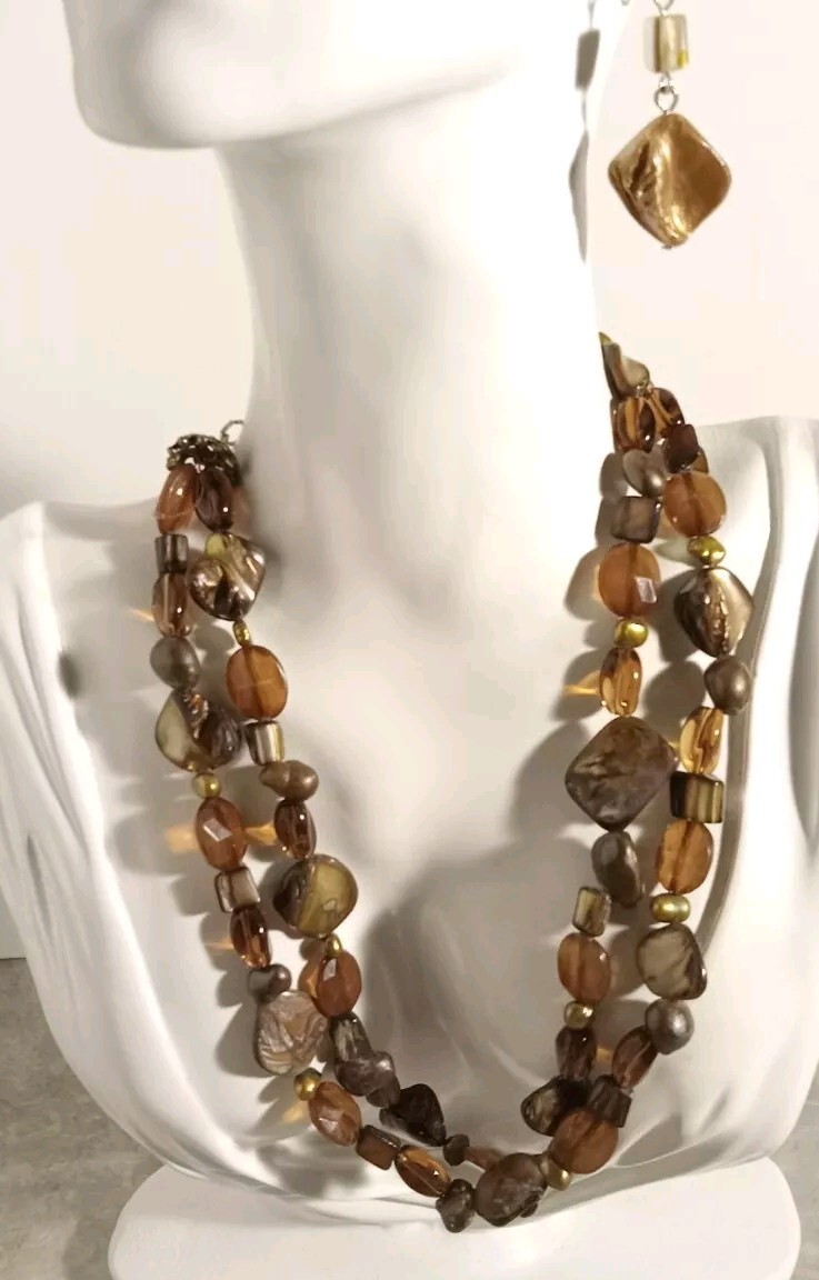 Brown Shell Bead Double Strand Necklace Dangling … - image 2
