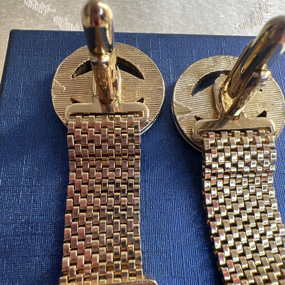 Green Jade Mesh Wrap Gold Tone Cufflinks Quilted Diamond Plate Round Vintage N1 - Image 4 of 4