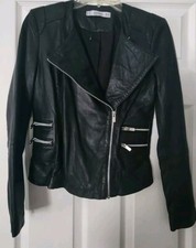 Nwot Mango Black 100% Genuine Leather Zipper Moto Jacket Coat Size Xxs