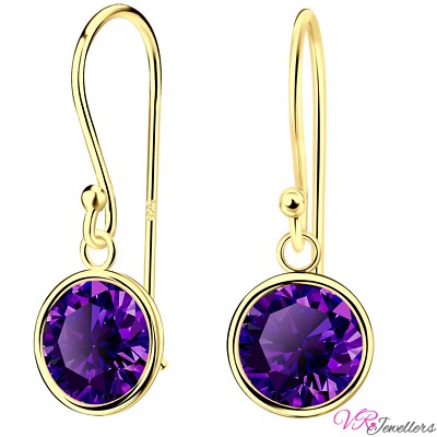 Amethyst Cubic Zirconia Gold Plated 925 Sterling Silver Drop Round Earrings +Box