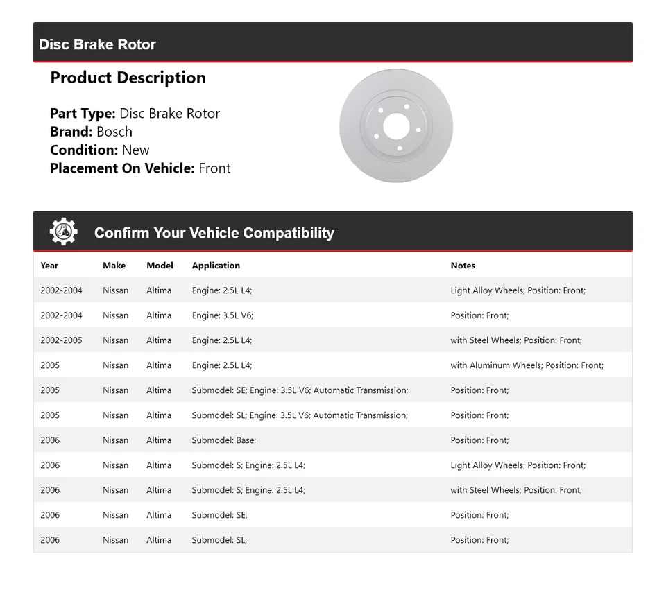 Rotor de freno de disco delantero QuietCast 2003 2004 para Nissan Altima Bosch 2002-2006 Foto 2 de 4