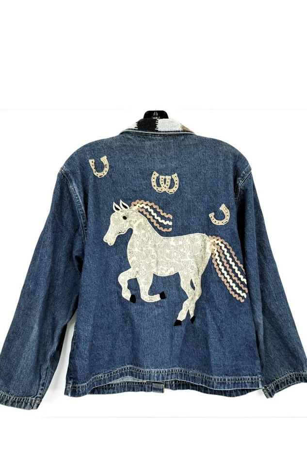 Винтажный не беспорядок с Texas джинсовой ткани Jean куртка Sz L лошадей Western бисером воротник - Изображение 2 из 4