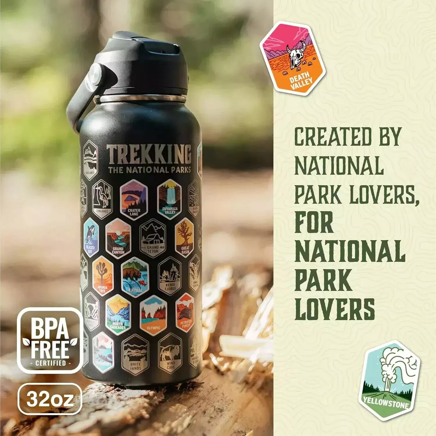 NEW  !! Trekking the National Parks Water Bottle with 3 Lids, 63 Stickers.