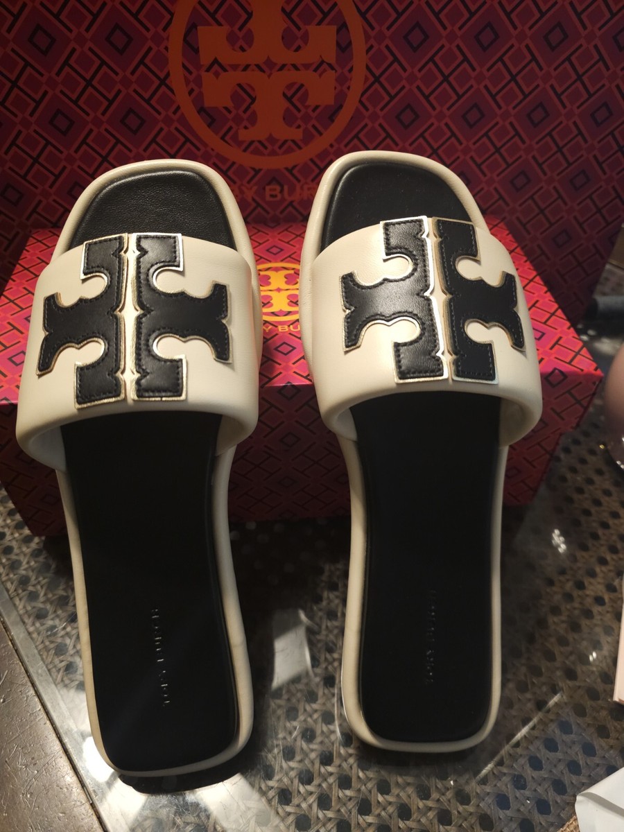 Tory Burch DOUBLE T SPORT SLIDE Cream / Black / Gold Size 10