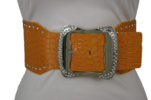 Women Fashion Faux Leather Orange Wide Belt Silver Metal Buckle Hip Waist S M - Picture 2 of 12
