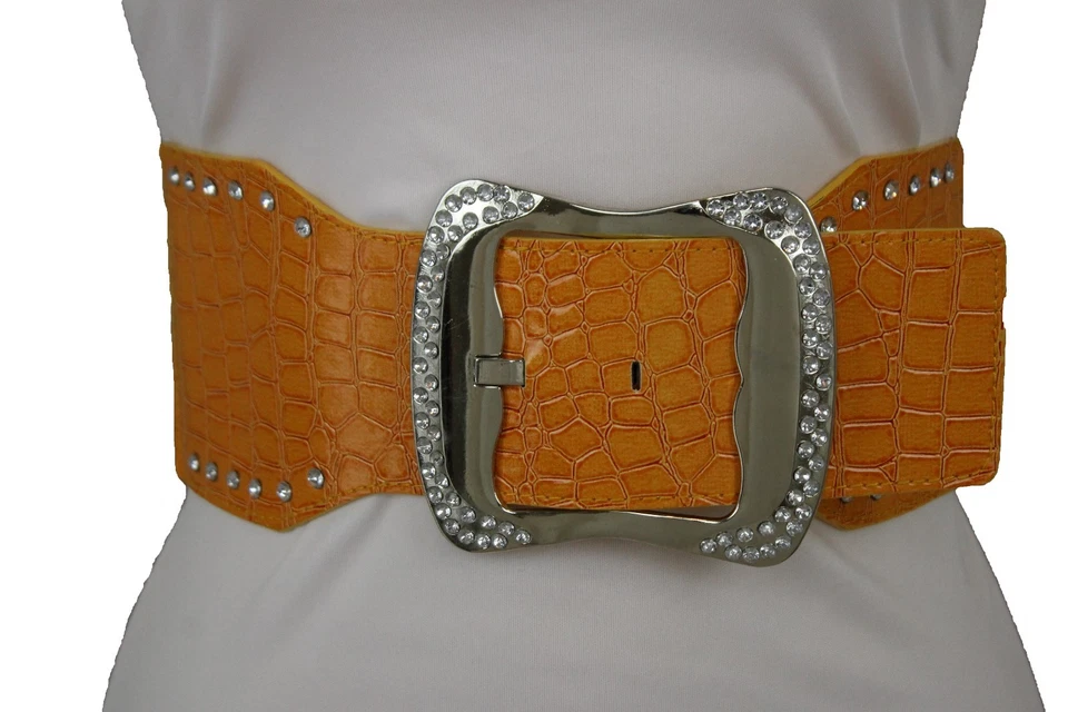 Mujeres Moda Imitación Cuero Naranja Cinturón Ancho Plateado Metal Hebilla Cadera Cintura S M Foto 2 de 4