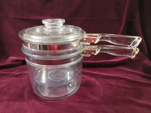 Vintage Pyrex Double Boiler Glass Handles Pan 6283-8 & 6283-U 1 1/2 Quart + Lid
