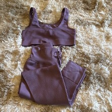 PINK Purple 2pc Knit Sports Bra Leggings Set S Stretch Elastic Waist