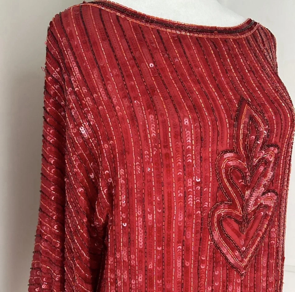 Винтажный Saks Fifth Avenue красный блестками бисером блузка верхний маленький - Изображение 2 из 3