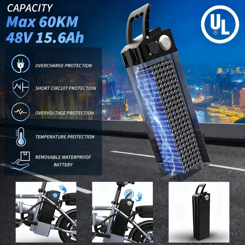 14" 250W Adult Electric Bikes Bicicletta Elettrica Pieghevole,10.4 AH/15.6AH - Immagine 4 di 4