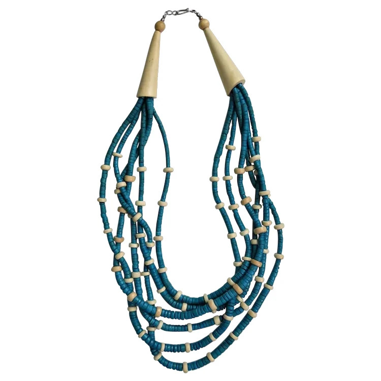 1980's Retro Turquoise & Cream 6 Strand 20-24" Wooden Bead Necklace Excellent
