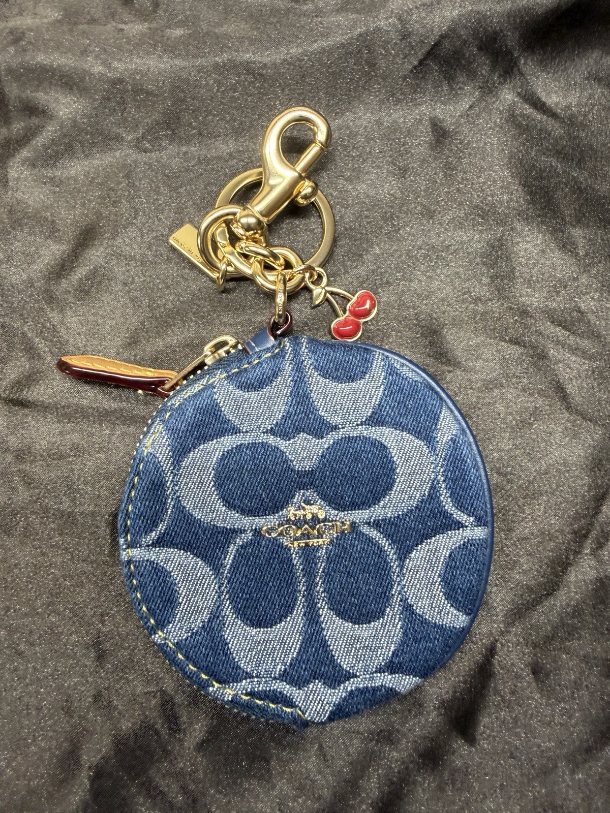 Coach Coin Pouch Bag Charm Signature Denim w/ Cherry Charm (Slightly DIrty)