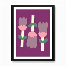 Tulips Three Flowers On Purple Naïf Framed Wall Art Poster Canvas Print Picture