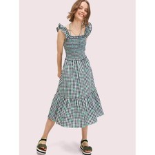Kate Spade New York Gingham Voile Smocked Dress Black White Green Floral Plaid M