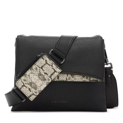 NEW CALVIN KLEIN CHROME ADJUSTABLE STRAP CROSSBODY WITH ZIPPER POUCH BLACK/SNAKE