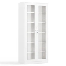 71" Tall Lockable Display Cabinet with Glass Doors & 5 Adjustable Shelves White