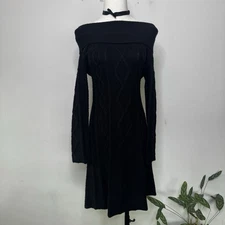 Vintage Y2K CYNTHIA ROWLEY Black Cable Knit Off the Shoulder Sweater Dress S