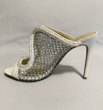 Alexandre Birman White Silver Fishnet Women Heels Sandals Heeled Slides 37.5 EU