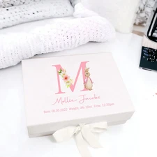 Personalised Pink Rabbit Initial Baby Gift Box