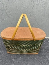 Vintage Woven Picnic Basket with Metal Handles Green Farmhouse Style