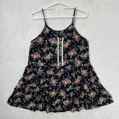 Final Touch L black floral babydoll mini dress tunic tank top tiered US made Y2K
