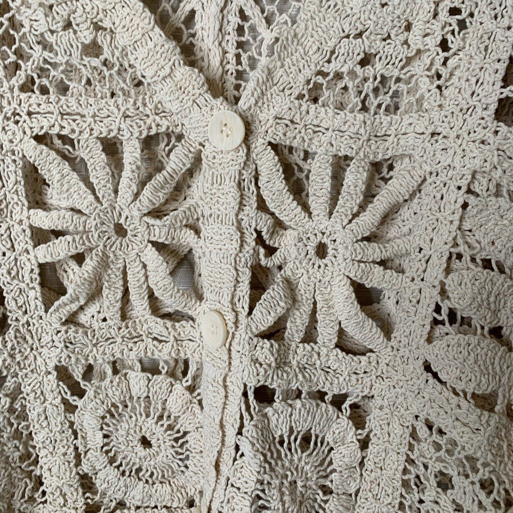 Commense Crochet Cardigan Sweater Small Cream Tan Boho Granny Square ...