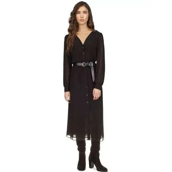 Abito midi Michael Kors nero "Kate" maniche trasparenti con cintura e bottoni XL #7225