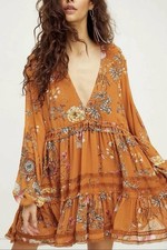 $128 NWT FREE PEOPLE SzS CHERRY BLOSSOM LONG SLEEVE RUFFLED MINI DRESS TOPAZ COM