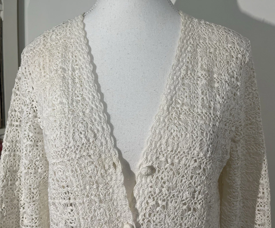 Cárdigan de encaje hippie 100 % algodón marfil hecho a mano vintage años 60 Shanghai para mujer L Foto 4 de 4