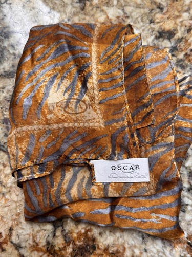 Oscar by Oscar de la Renta Silk Scarf 10x10 Animal Print Gold Gray Vintage - Picture 5 of 6