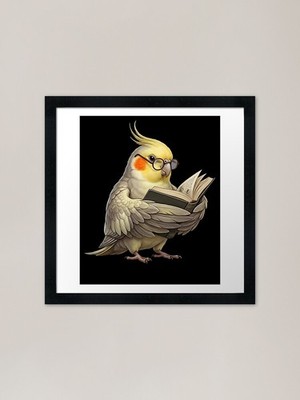 Lustiger gelber Nymphensittich Papageien lesen gerahmtes Wandbild Poster Leinwanddruck Bild