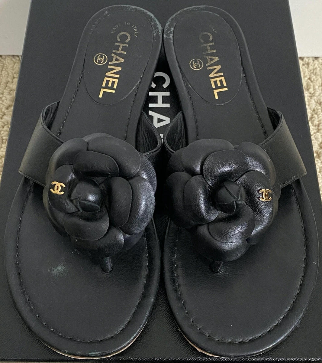 Chanel Camellia Flower CC Logo Black Leather Flip Flops Thong Sandals 38 8  $775