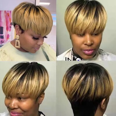 Short Pixie Cut Bob Wigs Human Hair Wigs Ombre Blonde Two Tone Wigs For Women 
