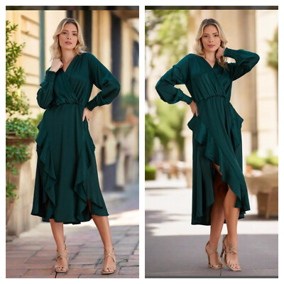 Women's Elegant Forever Wrap V Neck Midi Long Sleeve Dress Evening Wear